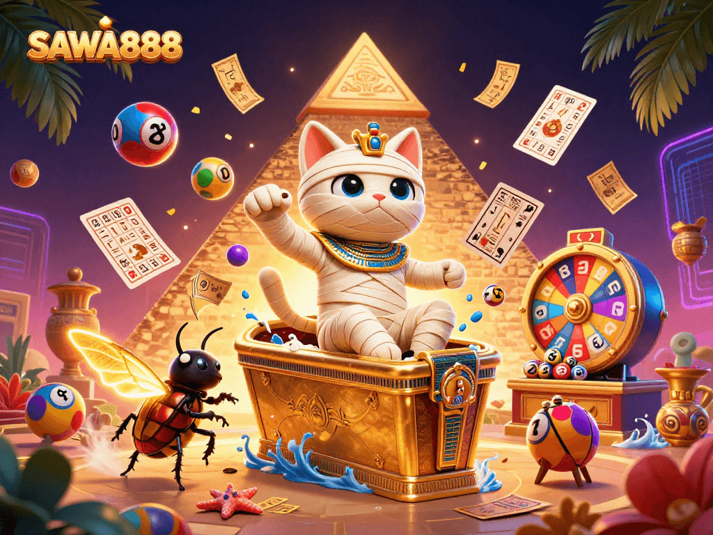 SAWA888 brings excitement with mummy cat and glowing scarab in a vibrant casino scene.