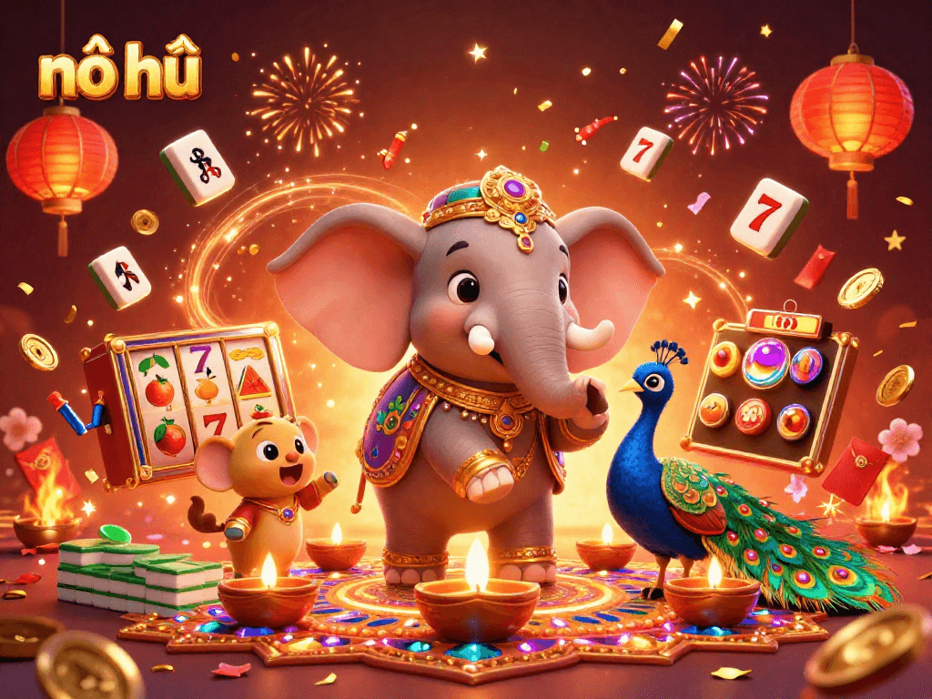 Spin the nổ hũ slots with vibrant elephant and peacock characters amidst rich casino elements and celebrations.