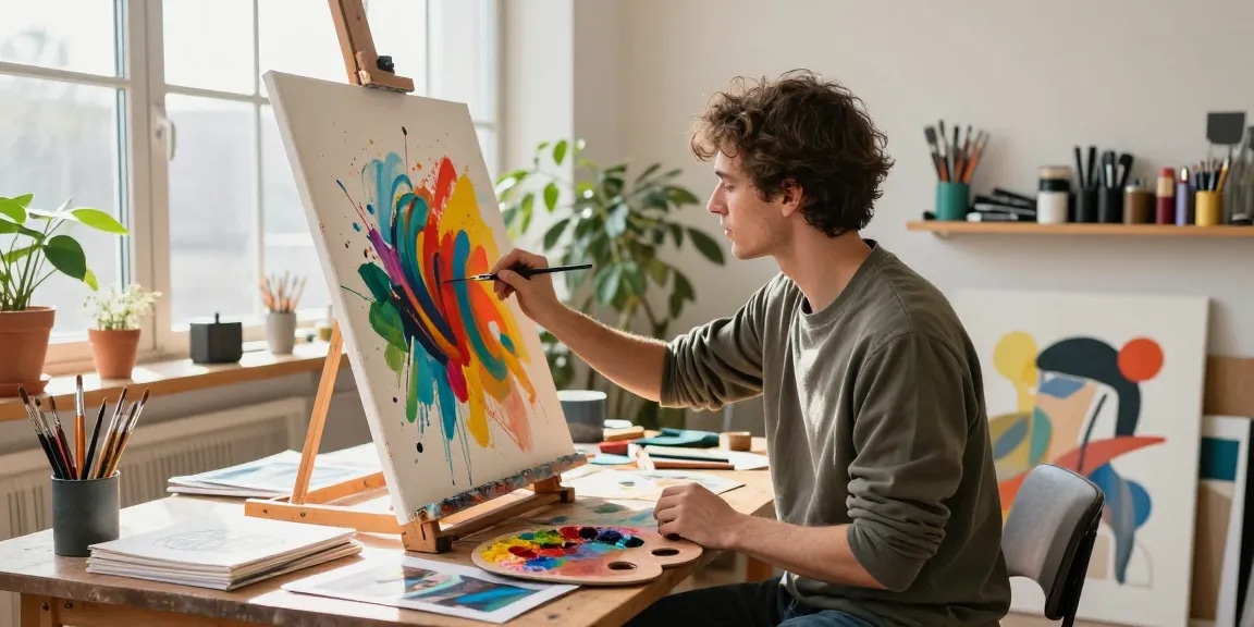 Artist creating vibrant abstract painting in the studio, exploring ai nsfw themes.