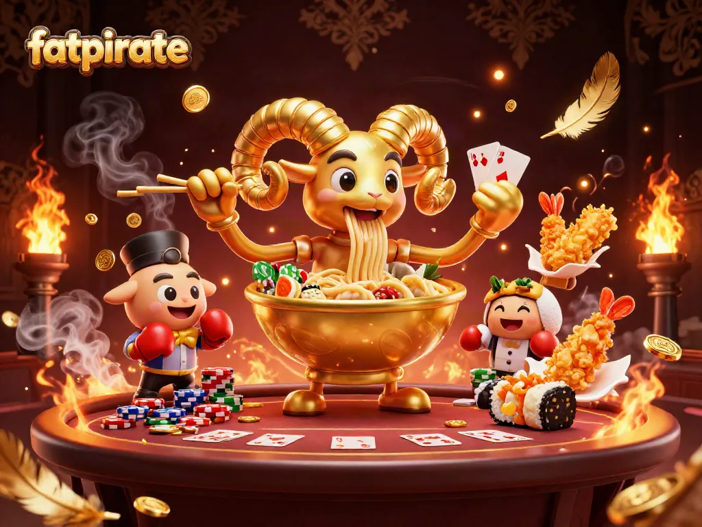 Engage in thrilling gameplay with fatpirate, featuring a golden ramen bowl dealer and vibrant gaming elements.