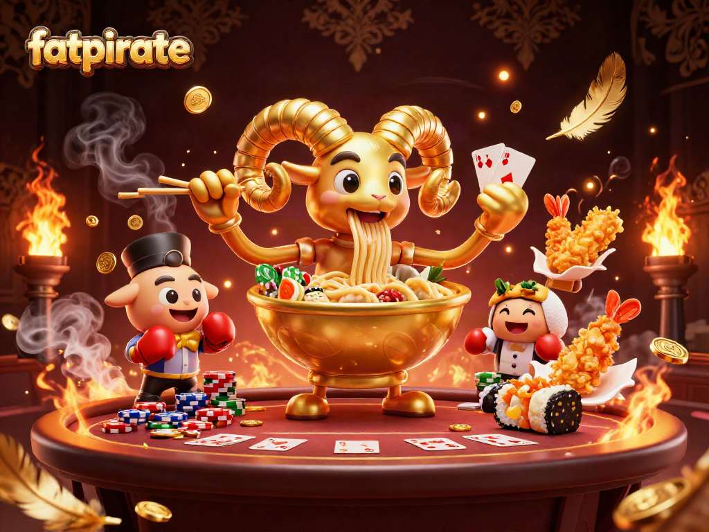 Engage in thrilling gameplay with fatpirate, featuring a golden ramen bowl dealer and vibrant gaming elements.