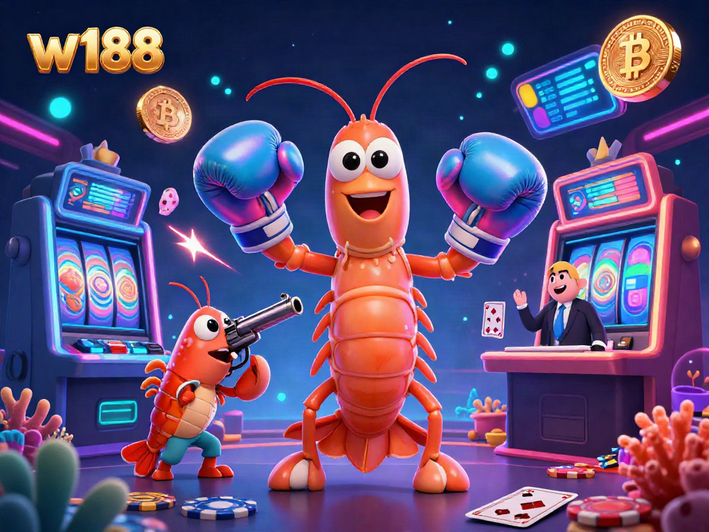Engage with thrilling slots and crypto betting at w188, featuring vibrant 3D characters and casino elements.