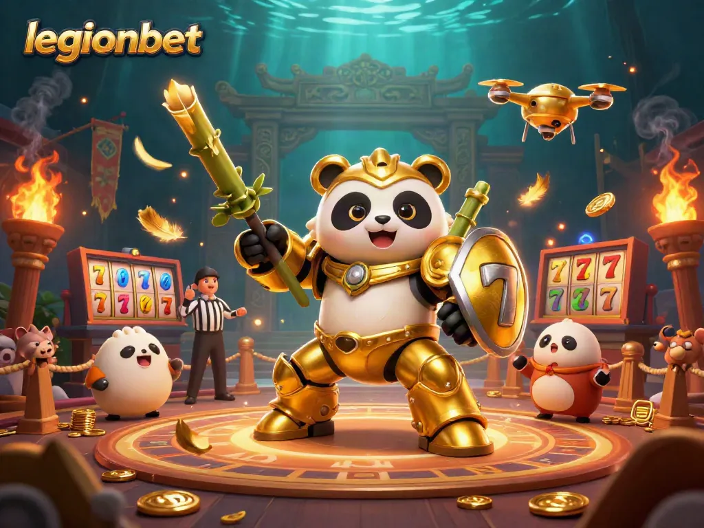 Experience thrilling slots action at legionbet, with a golden panda in a dynamic casino arena.
