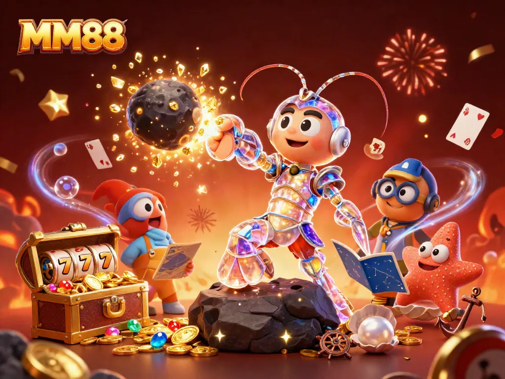 Engage with MM88's vibrant casino scene, showcasing thrilling slot games and colorful gems.