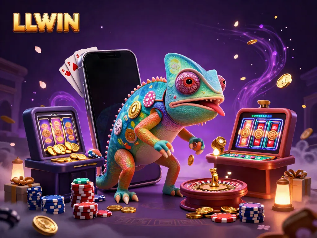 Engage with LLWIN's vibrant online gaming experience featuring the unique chameleon character and dynamic casino elements.