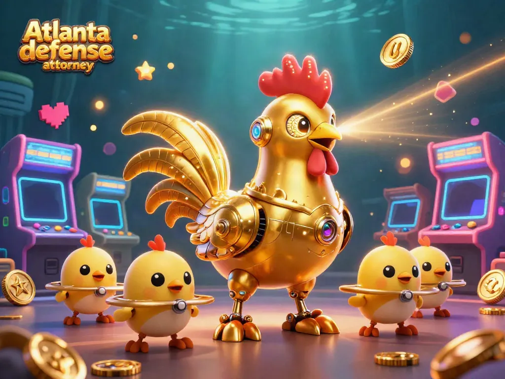 Atlanta defense attorney showcases a golden rooster robot surrounded by arcade game elements in a vibrant casino scene.