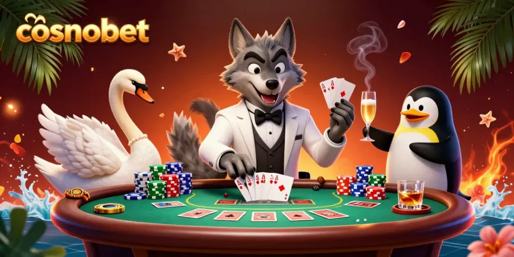 Experience the thrill of cosmobet with vibrant casino characters playing baccarat and poker.