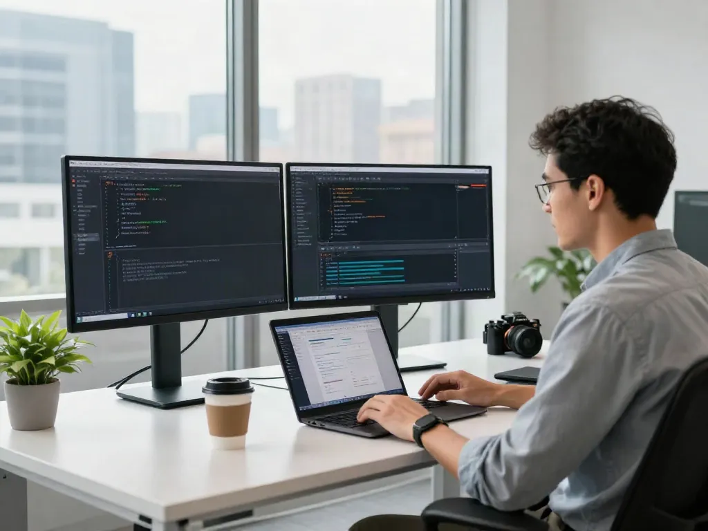 Developer integrating multi-model API in a bright tech workspace with dual monitors and design tools.