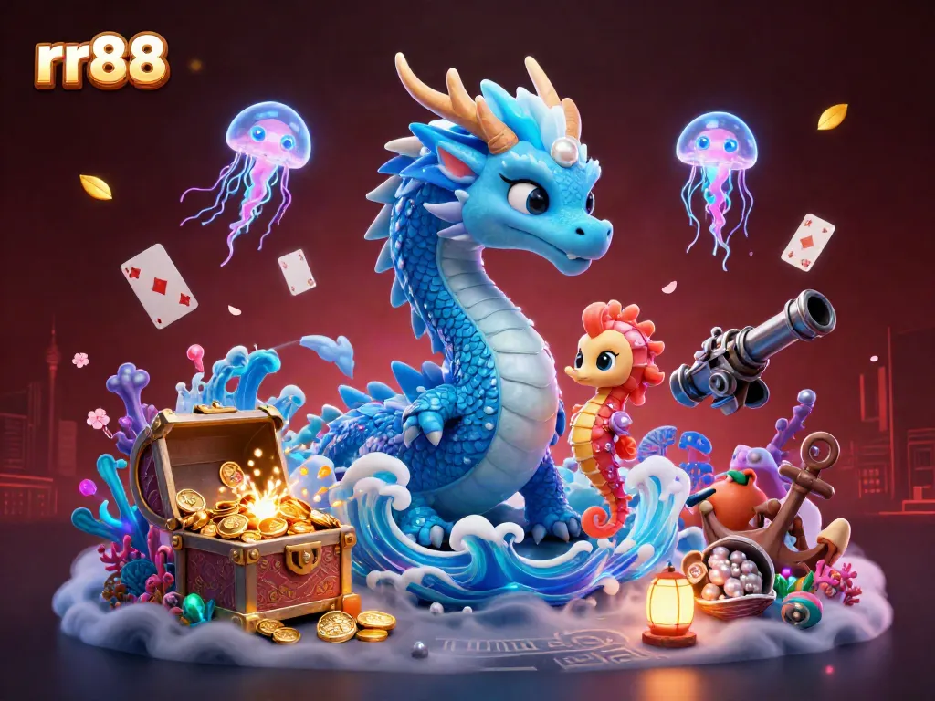 Experience the thrilling world of rr88 through this vibrant underwater digital art piece featuring gaming-themed creatures and elements.