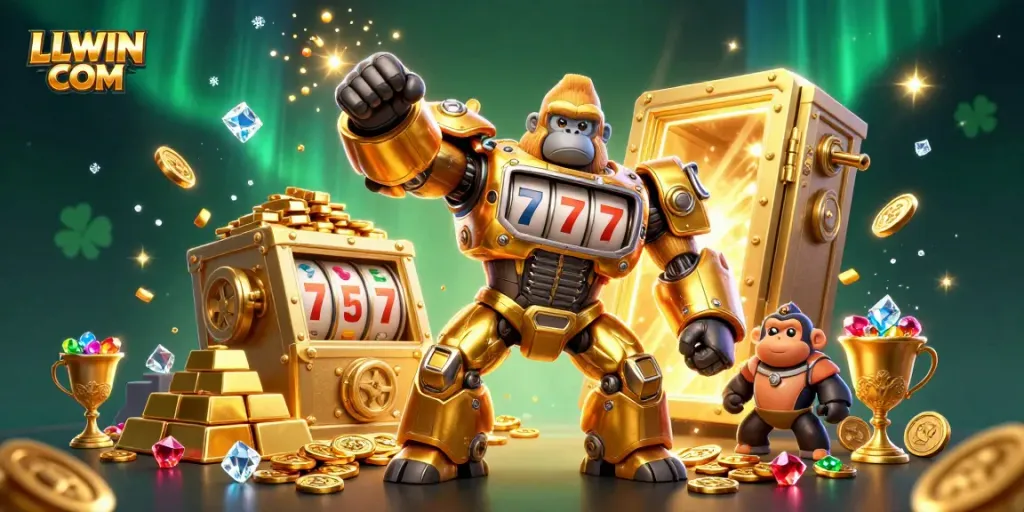 Engage with thrilling gameplay at LLWIN COM featuring a golden gorilla mech amid exploding coins and rich treasures.