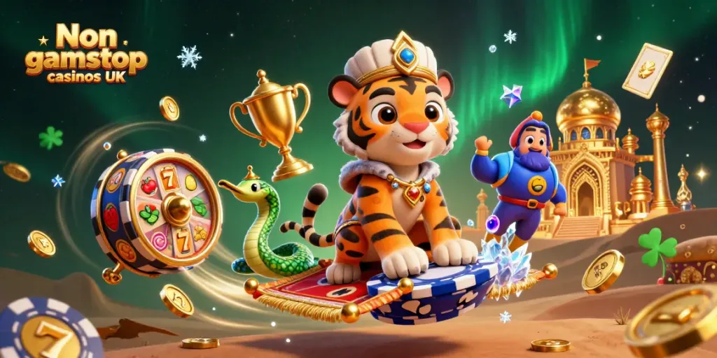 Experience the vibrant scene of Non gamstop casinos UK with a majestic sultan on a flying carpet amid slot reels and gold.