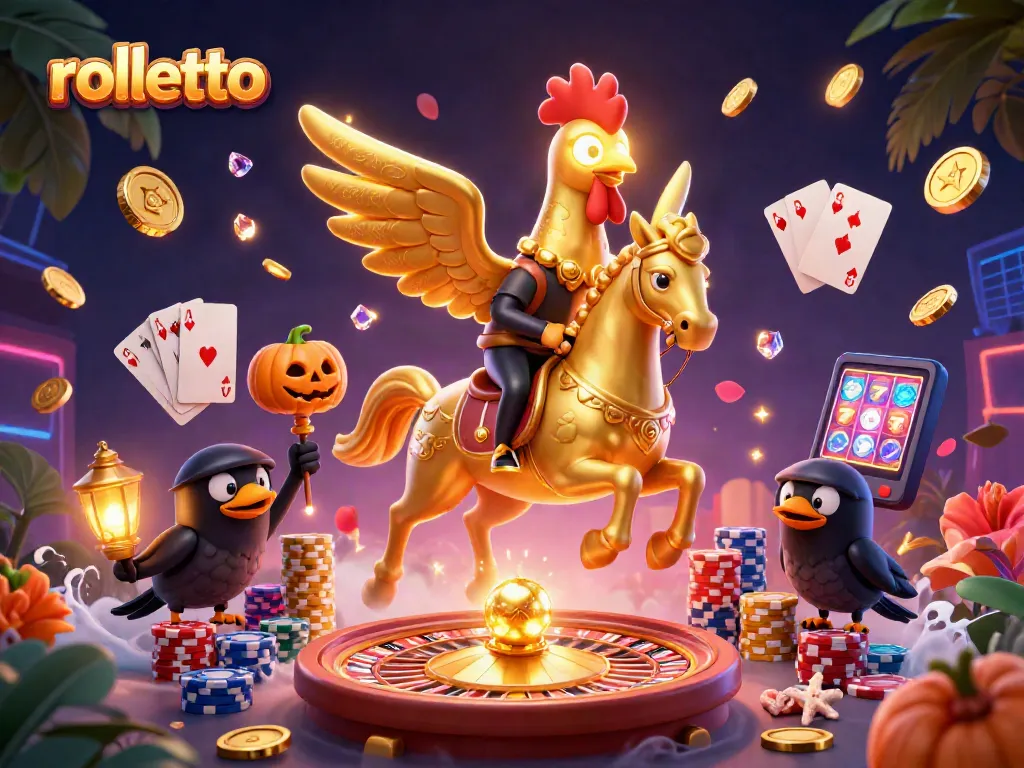 Experience rolletto excitement with a golden rooster in a vibrant midnight casino scene.