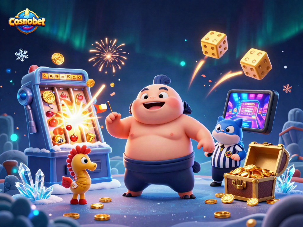 Engage with exciting games at cosmobet with vibrant 3D casino scene featuring dynamic slots and festive underwater characters.