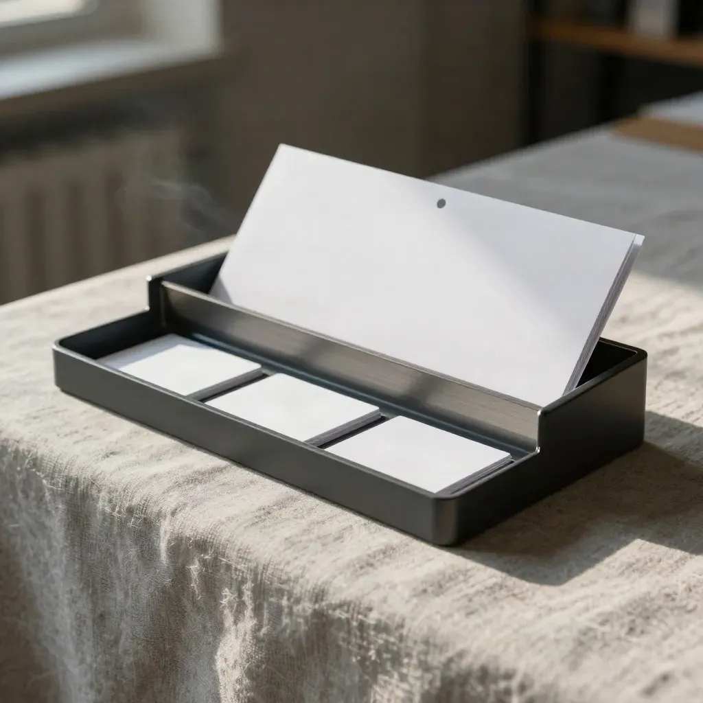 Unbranded Shopify import kit opening on an ash-linen ledge with soft haze and navy accents.