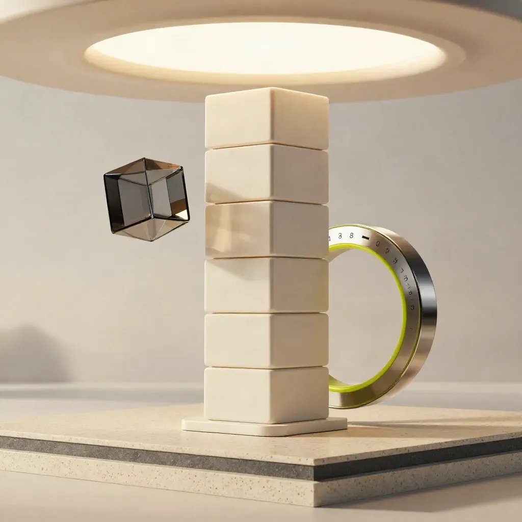 Sculptural ecommerce software hero with ivory tower, sync cube, pricing ring and recovery arc on travertine.