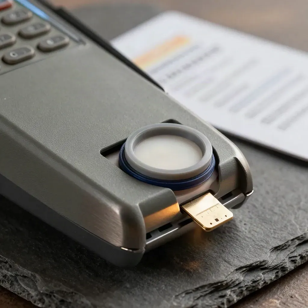 Macro of payment terminal kit with chip, connectors and sealing ring on slate