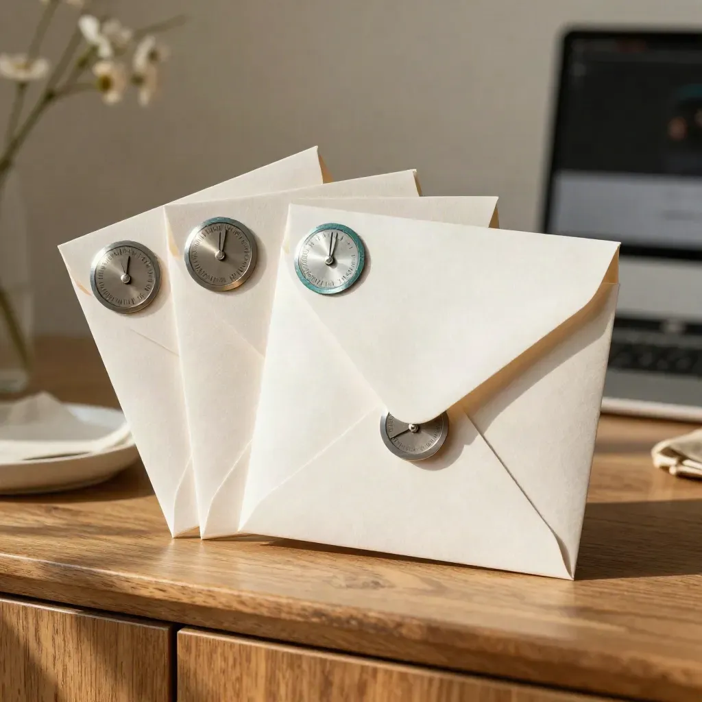Fanned cart email pack envelopes with timing discs and recovery seals on a warm oak sideboard.