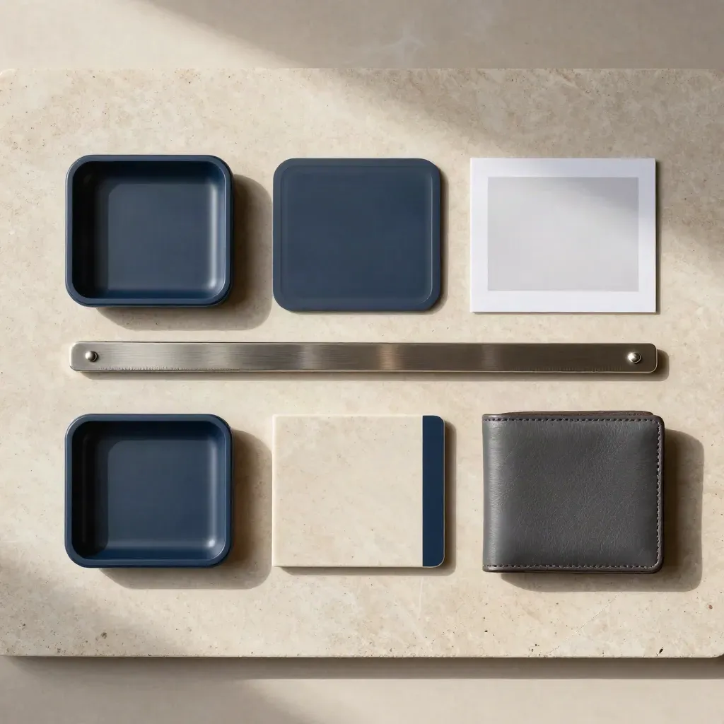 Overhead payment pack with card and wallet tiles linked by a brushed bridge bar on pale stone.