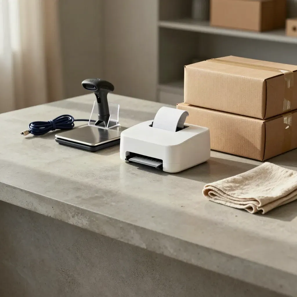Thermal label printer, shipping scale and parcel boxes on a concrete bench in soft daylight.