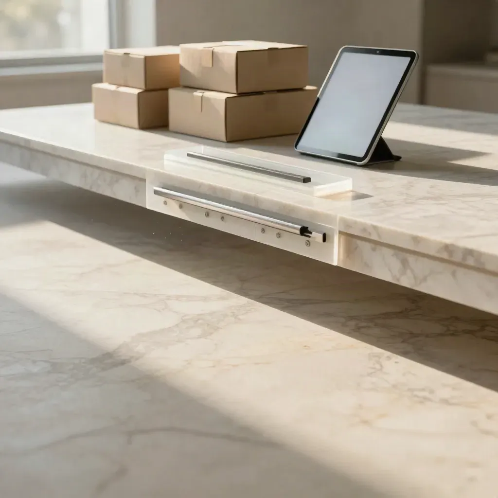 Sunlit marble ecommerce pricing workspace with parcels, sliders and soft haze.