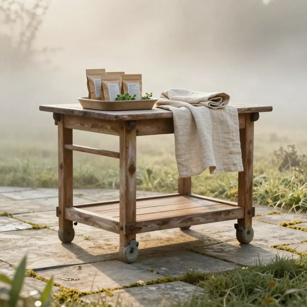 Misty garden scene with timber cart, folded linen, and calm open foreground for copy