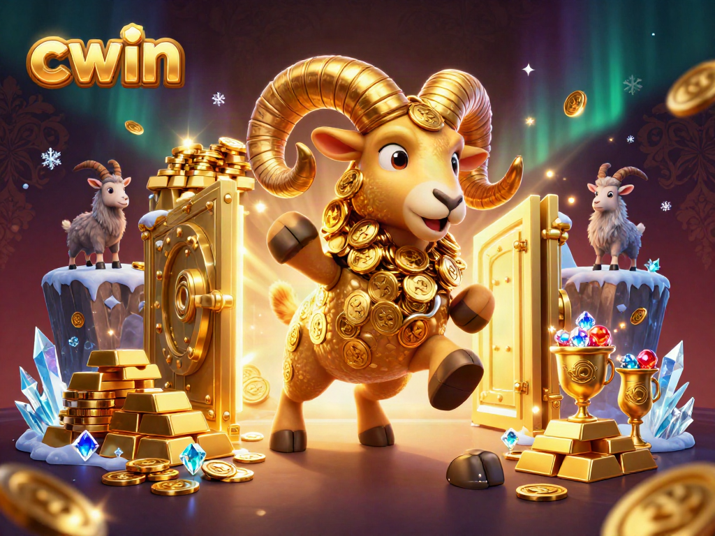 Experience thrilling adventures at cwin with a dramatic 3D illustration of a golden ram charging through a treasure vault.