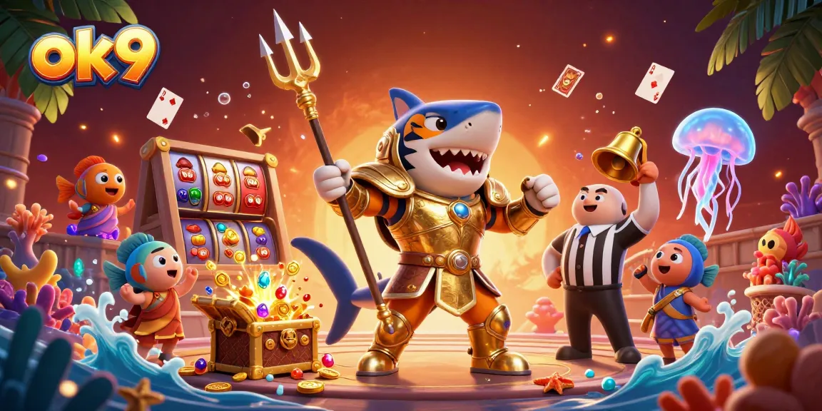 Experience dynamic slot gaming with ok9's ferocious shark character in a stunning underwater colosseum.