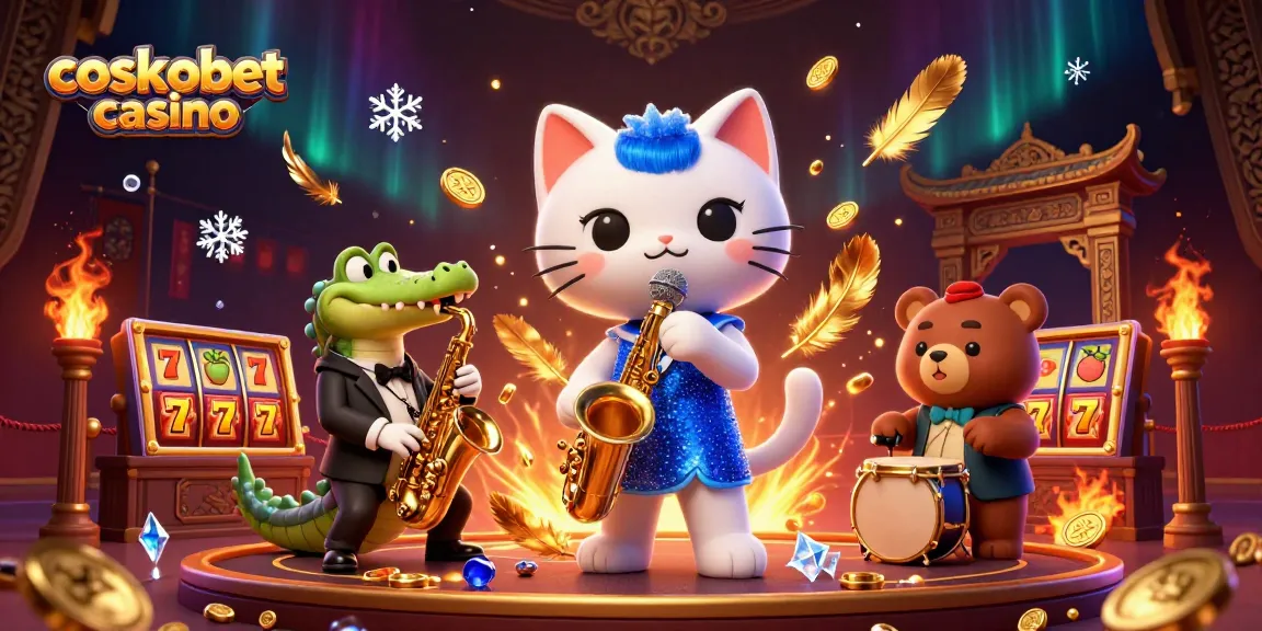 Experience the excitement of cosmobet casino with a jazzy cat and friends in a vibrant 3D setting.