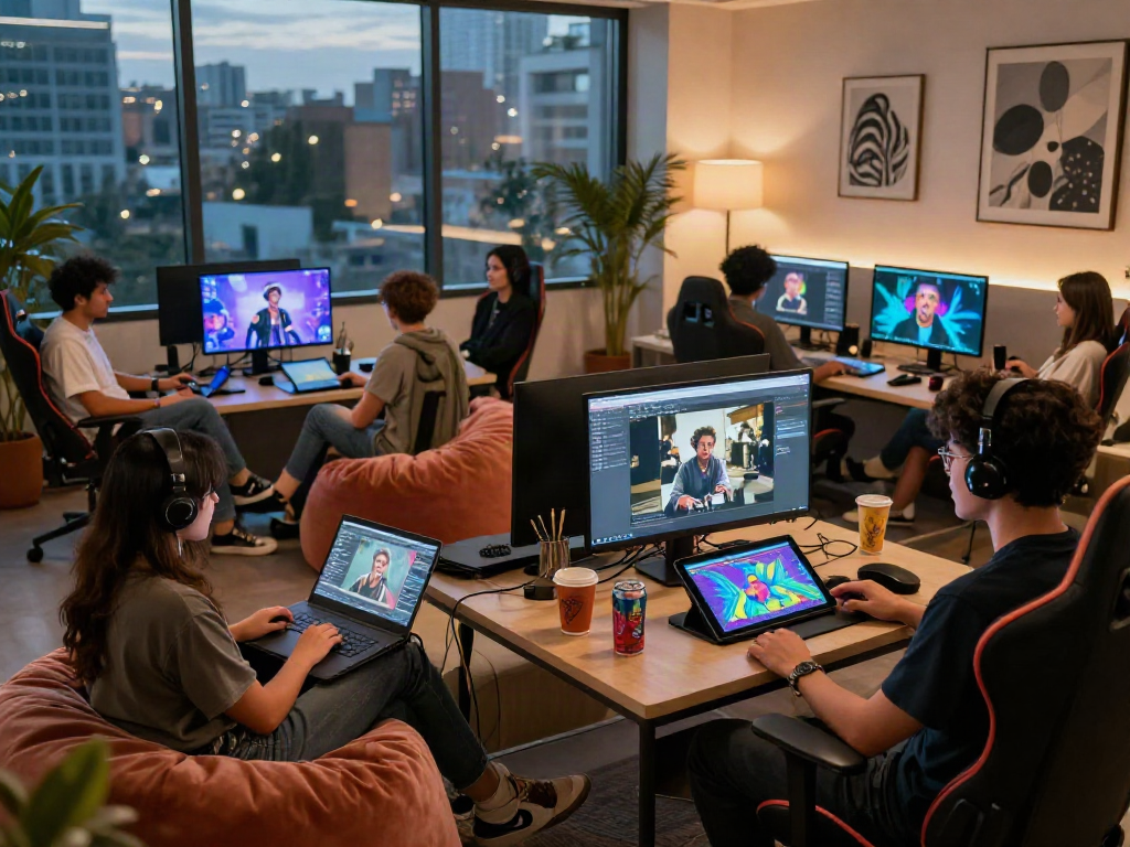 AI NSFW workspace with diverse professionals and digital content creation tools