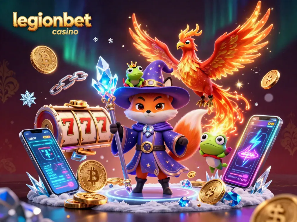 Play slots at legionbet casino with a wizard and phoenix in an enchanting digital scene