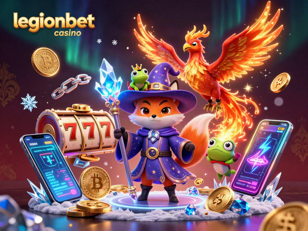 Play slots at legionbet casino with a wizard and phoenix in an enchanting digital scene