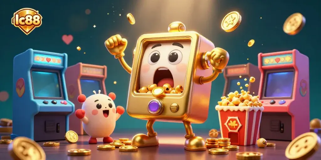 Experience the excitement of lc88 with a cartoonish slot machine hitting the jackpot amidst glowing gaming elements.