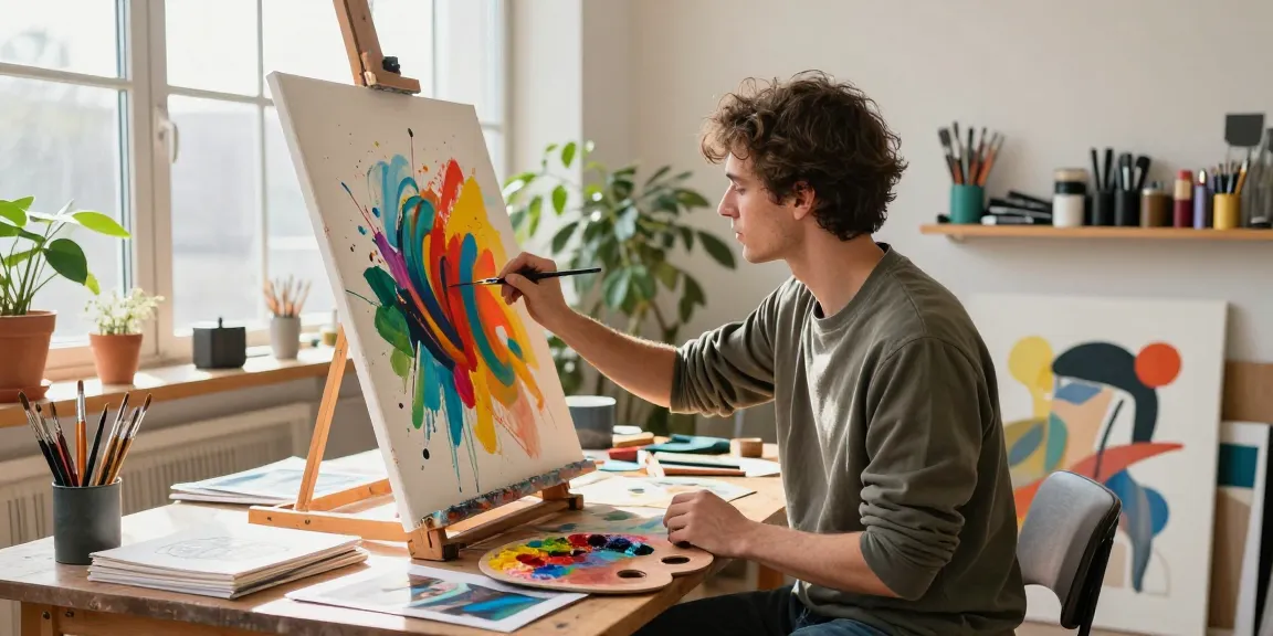 Artist creating vibrant abstract painting in the studio, exploring ai nsfw themes.