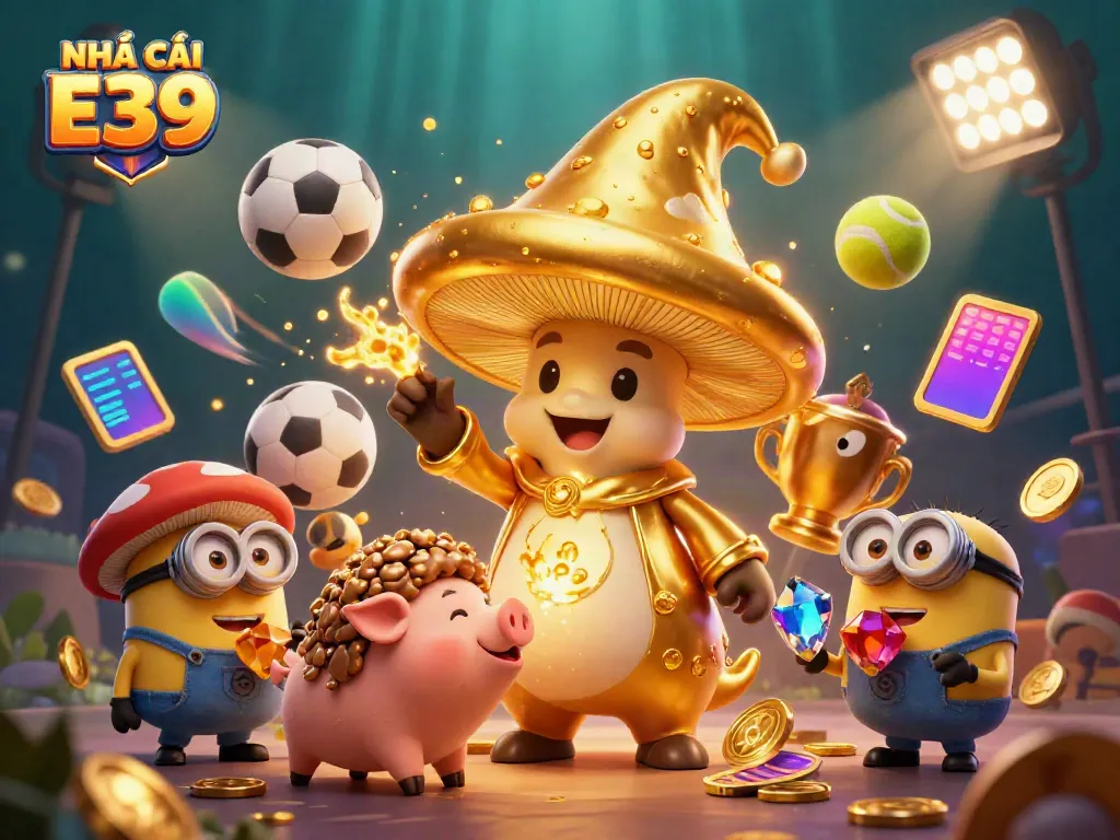 Engage with the magic of NHÀ CÁI E39 through this vibrant casino world illustration featuring golden treasures and sports action.