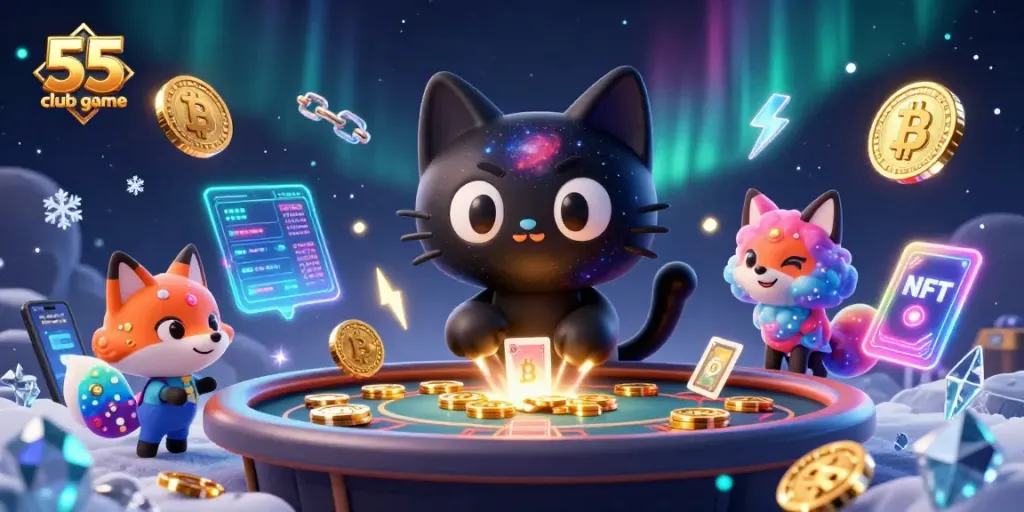 Engage in the 55 club game while enjoying vibrant neon visuals and playful cosmic characters.