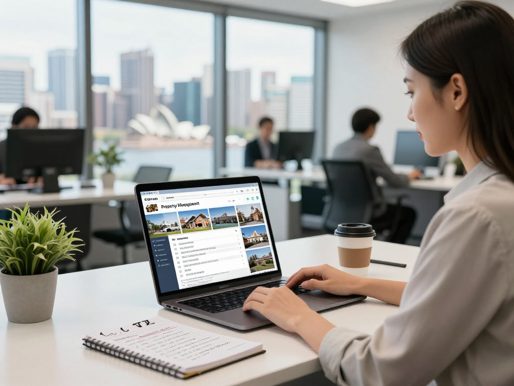 Engaging property management services Sydney, showcasing a professional in a modern office reviewing rental listings with city views.