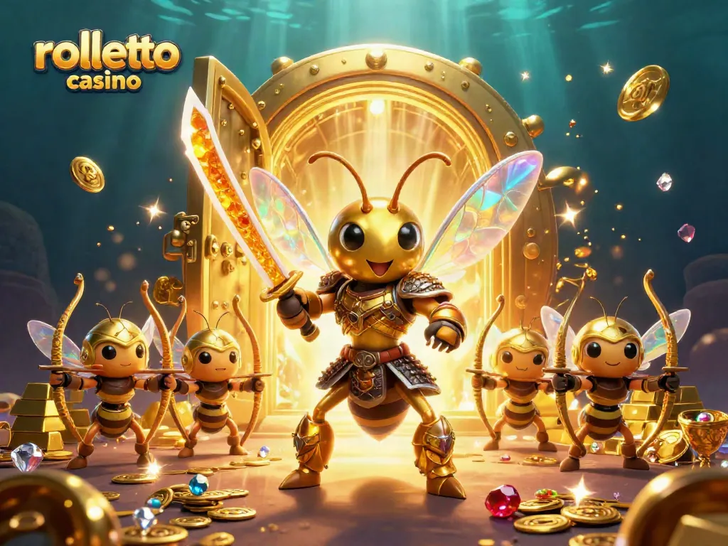 Engage with rolletto casino's thrilling gaming adventure with a playful hornet and treasure-filled background.