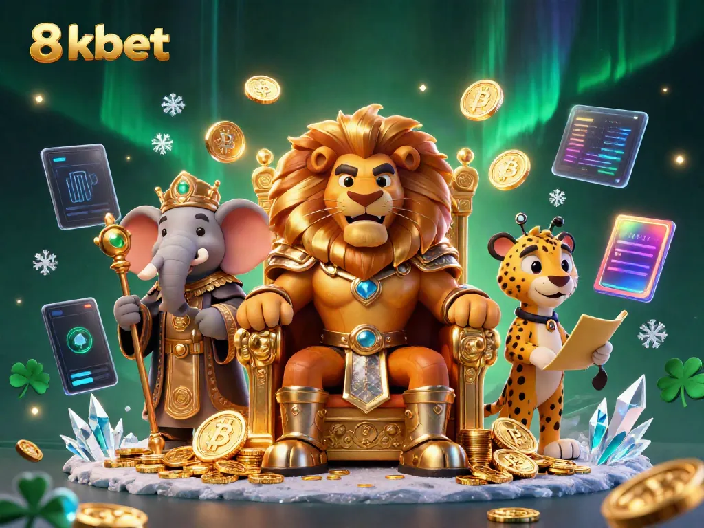 Experience the fascinating world of 8xbet with a vibrant casino scene featuring a lion king and crypto elements.