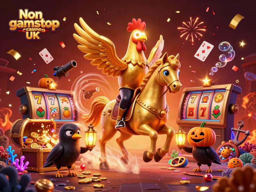 Experience thrilling gaming at Non gamstop casinos UK with vibrant illustrations showcasing slot machines and special characters.