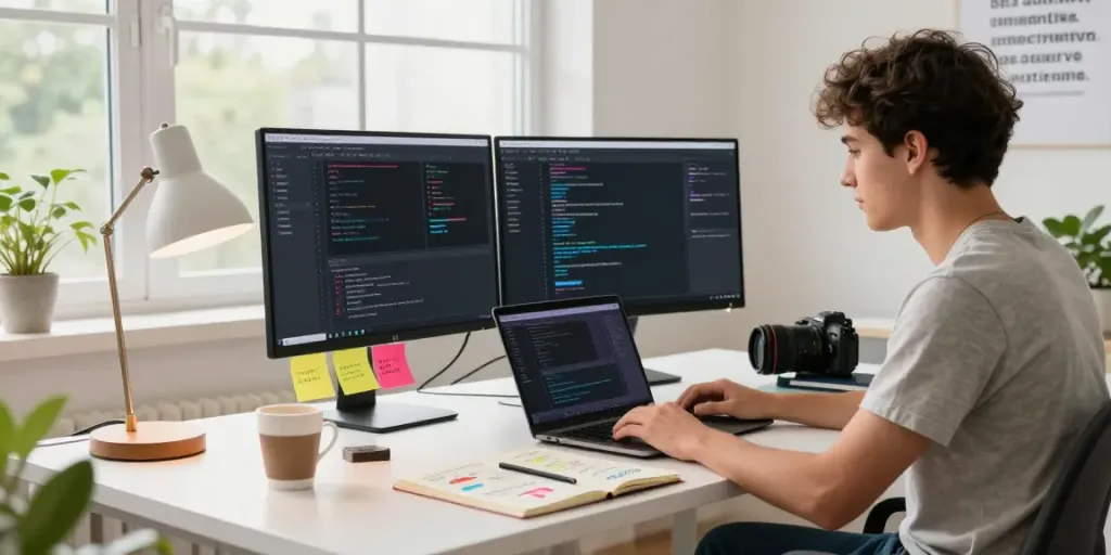 Dynamic workspace showcasing instant indexing techniques with a developer analyzing SEO data on dual monitors.