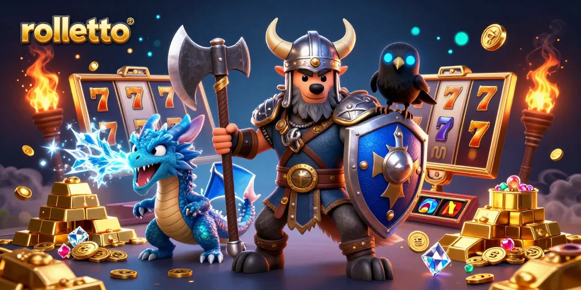Engage with rolletto's dynamic 3D casino scene featuring a Viking wolf warrior, a fierce dragon, and slot elements.