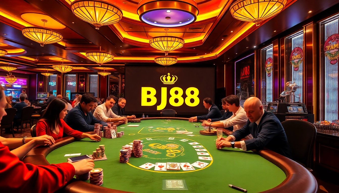 Engage in thrilling poker games at BJ88’s upscale casino with vibrant chip stacks and card action.