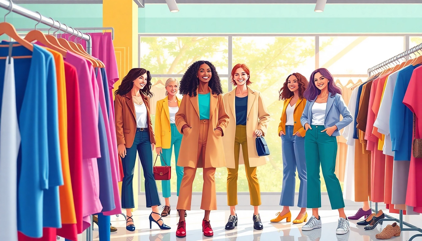 Diverse women in vibrant outfits exploring trendy Women Fashion at a boutique.