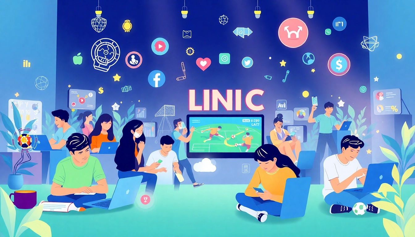 Engaging scene depicting the LIÊN MINH KJC online entertainment platform with diverse users enjoying games and live events.