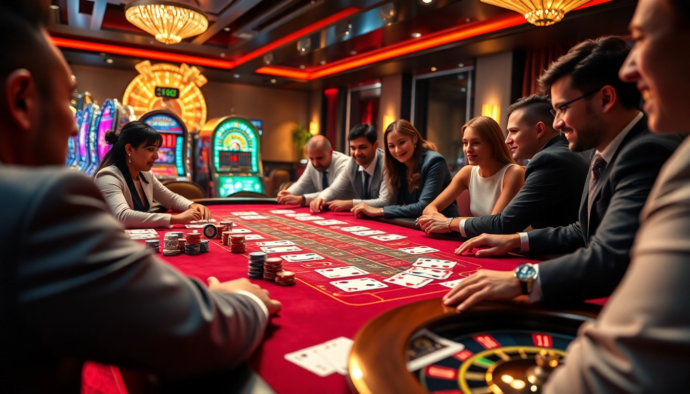 Players celebrating a winning strategy at a casino table featuring win55 chips and cards.