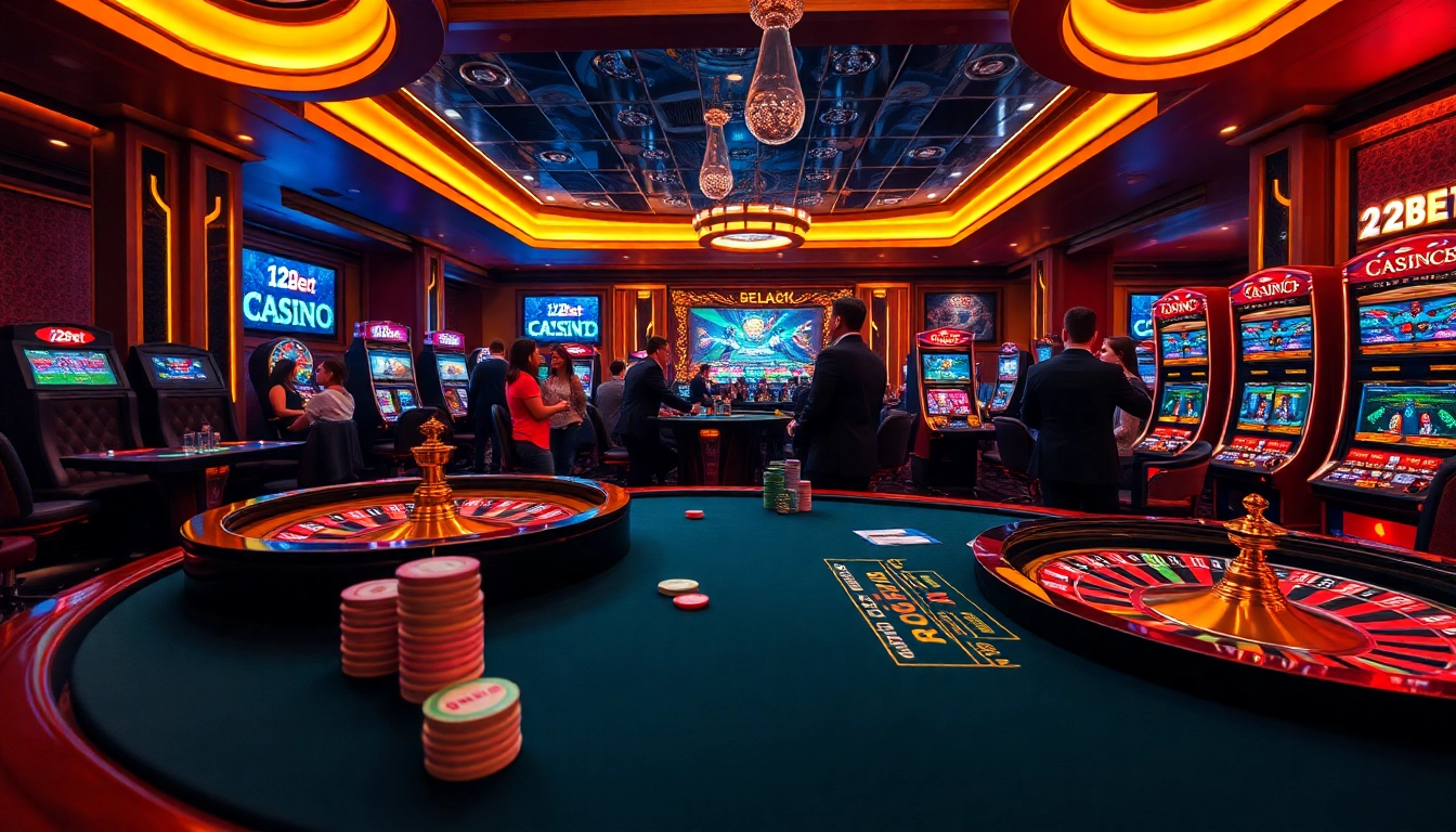 Witness the thrilling action at 12bet's luxurious casino setup featuring poker tables and vibrant gaming.