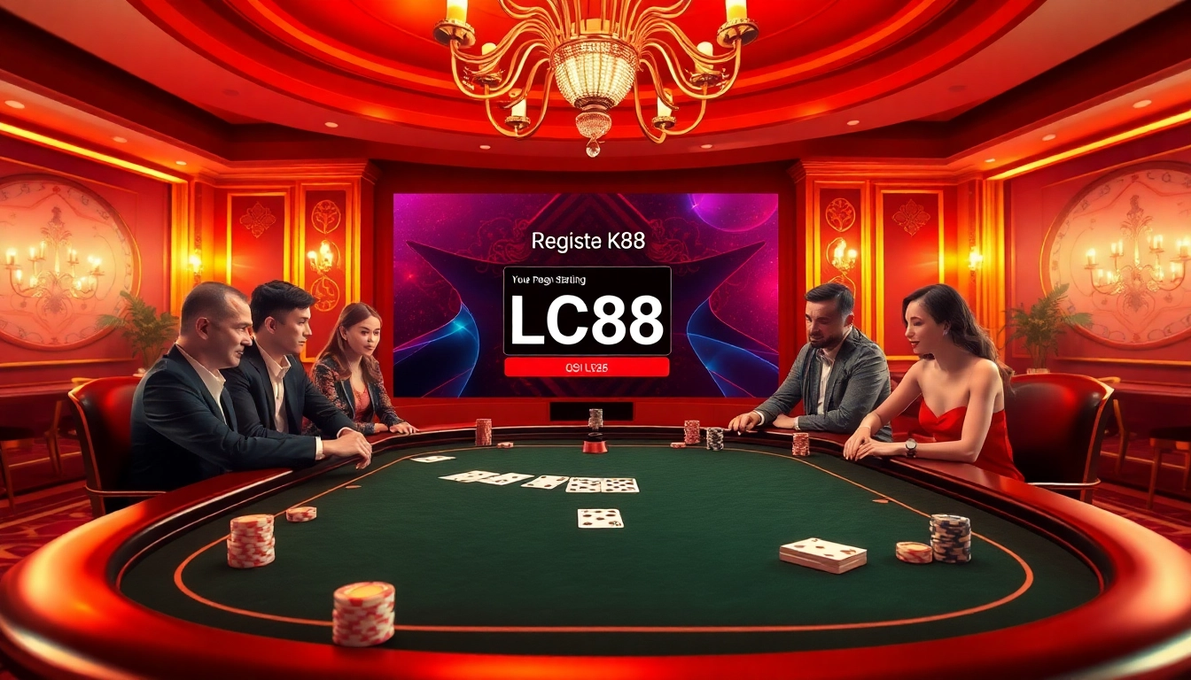 Exciting online casino scene featuring the registration page for Đăng Ký LC88 with gamblers enjoying poker.