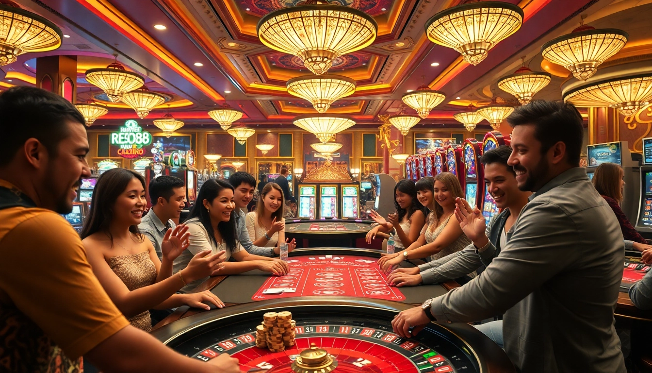 Experience the thrill of the casino with NEW88's dynamic gaming atmosphere featuring poker tables and roulette wheels.