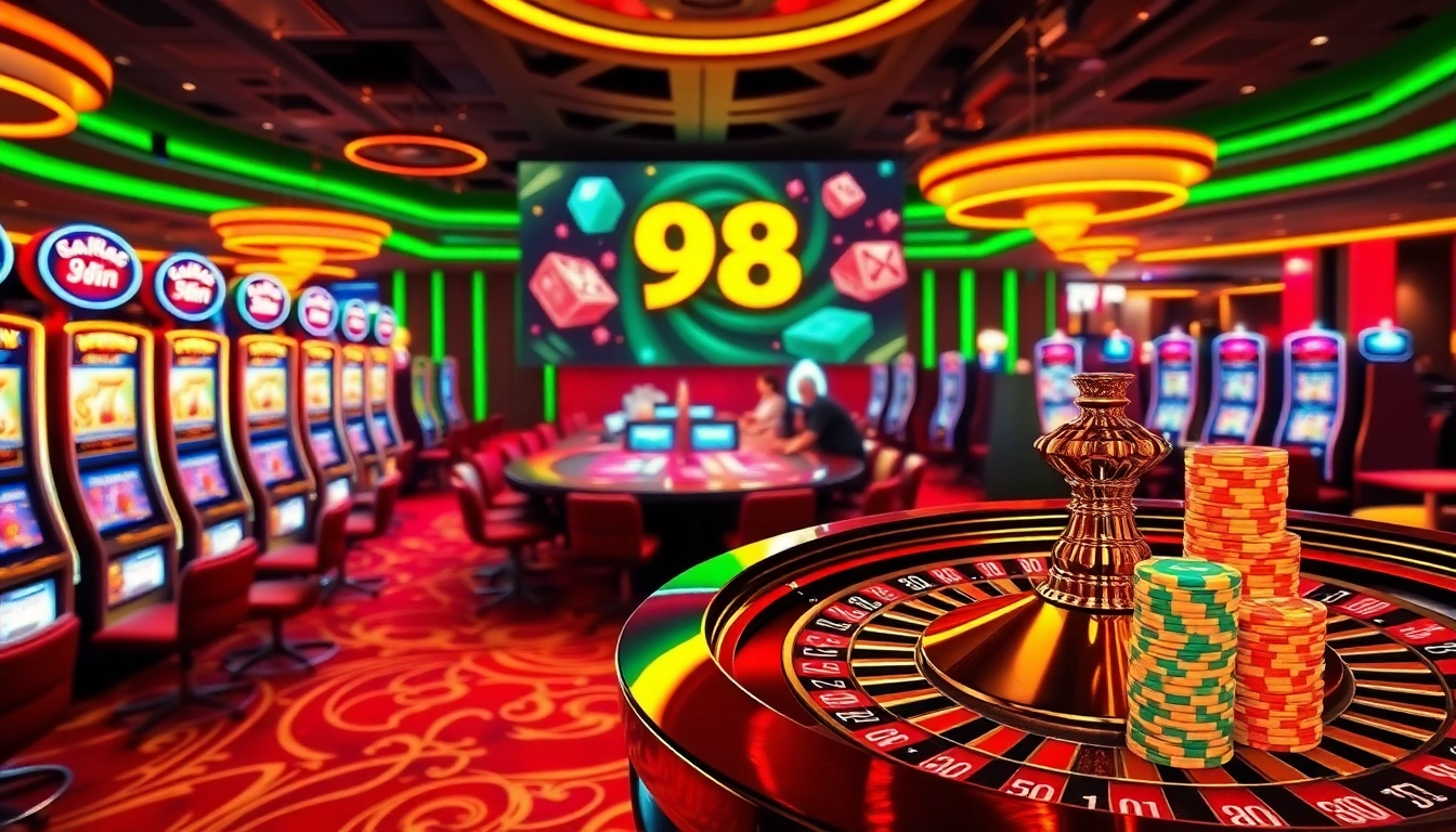 Win big with 98 win at an exciting casino gaming table featuring roulette and slot machines.