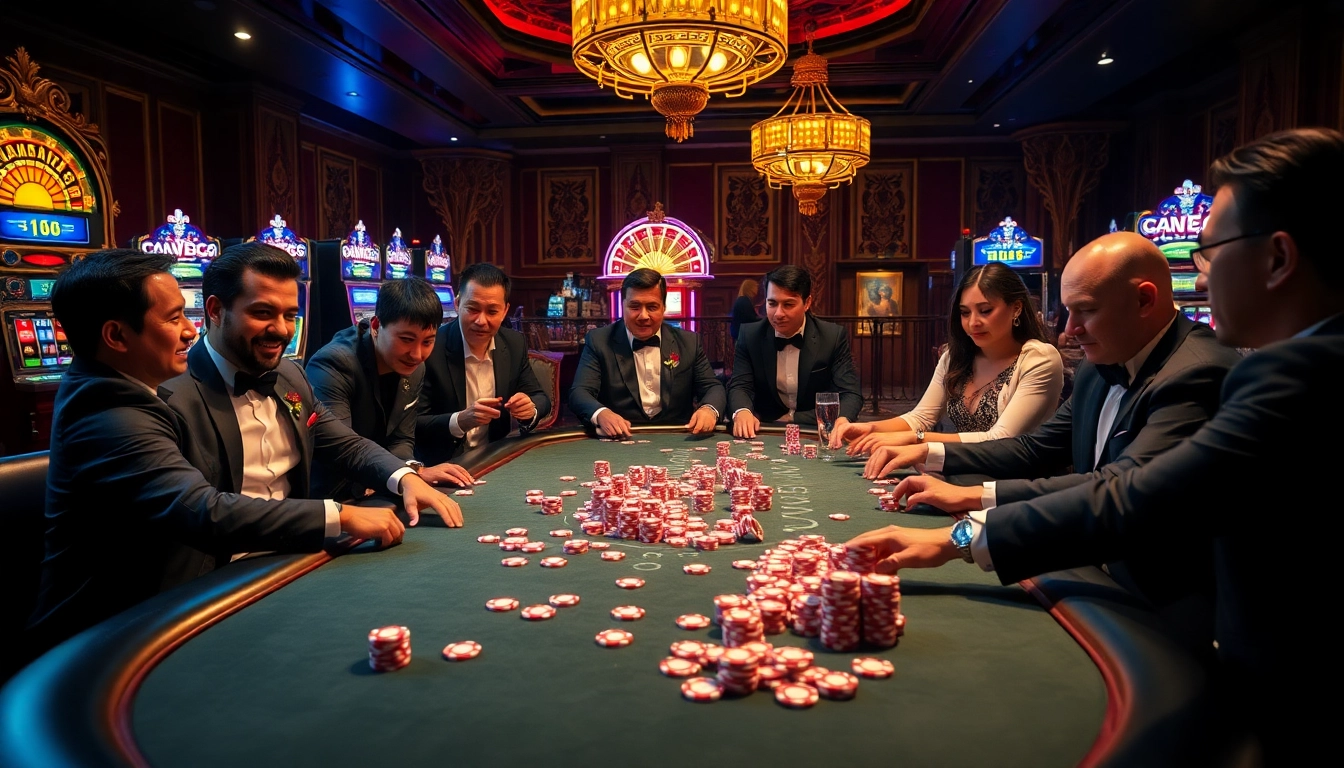 Engaging gamblers at a poker table with RAJABARONG themed chips and luxurious casino elements.